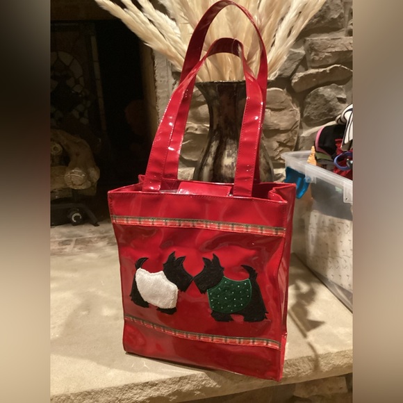 VINTAGE RED PATENT LEATHER SCOTTY DOGS HOLIDAY TOTE BAG - Picture 2 of 16
